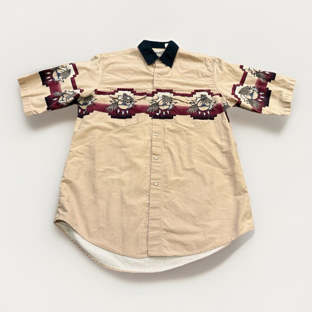 Vtg Express Rider Mens Tan Pearl Snap Western Eagle Indian Tribal Shirt Size L